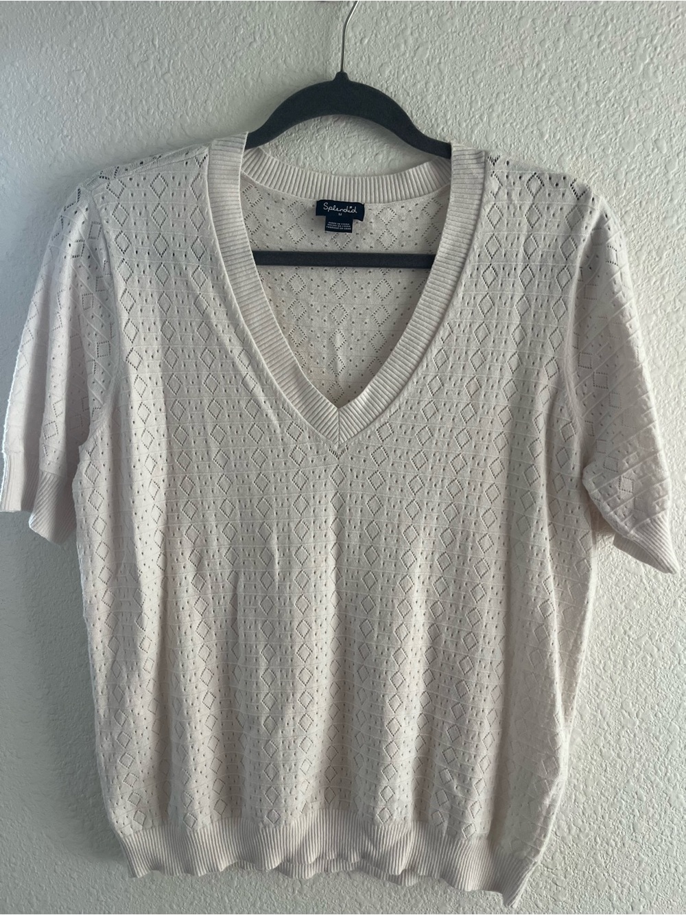 Splendid Openwork V-Neck Short Sleeve Knit